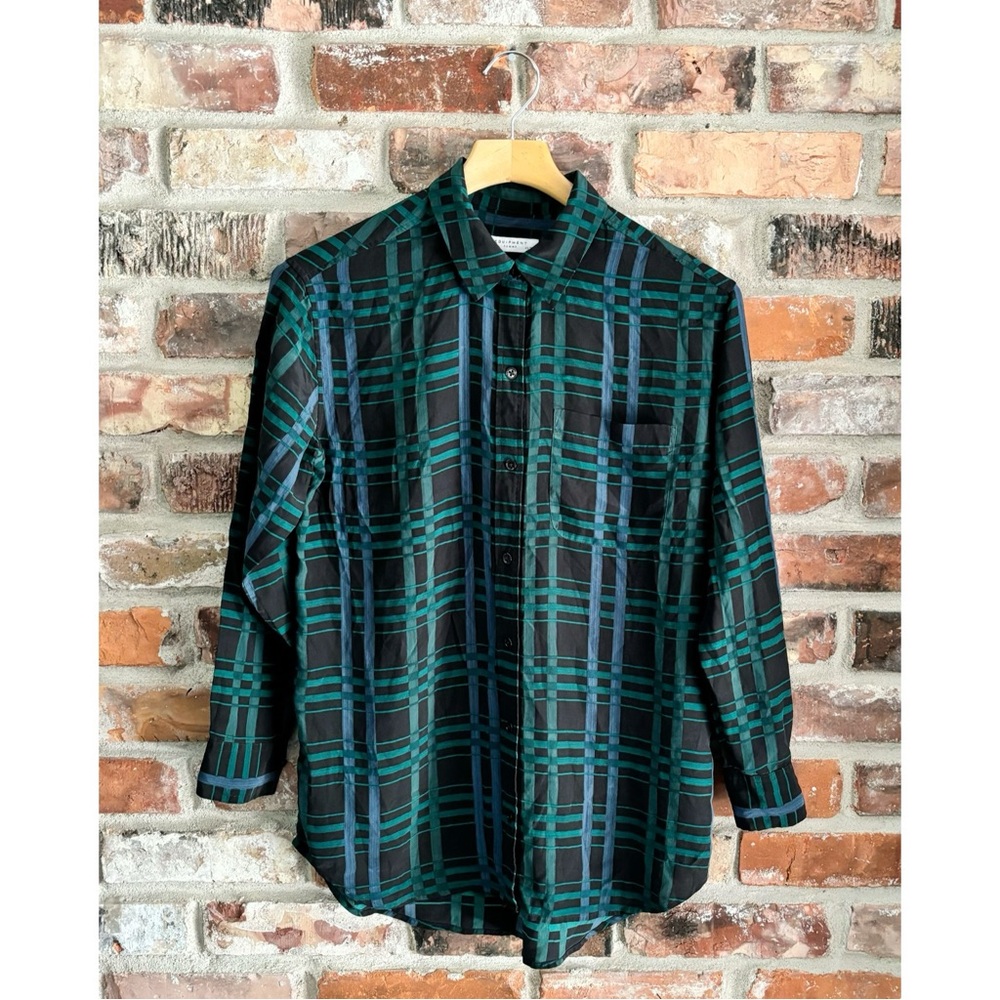 Equipment Plaid Green Blue Silk Adalyn Blouse Shirt Top, XS